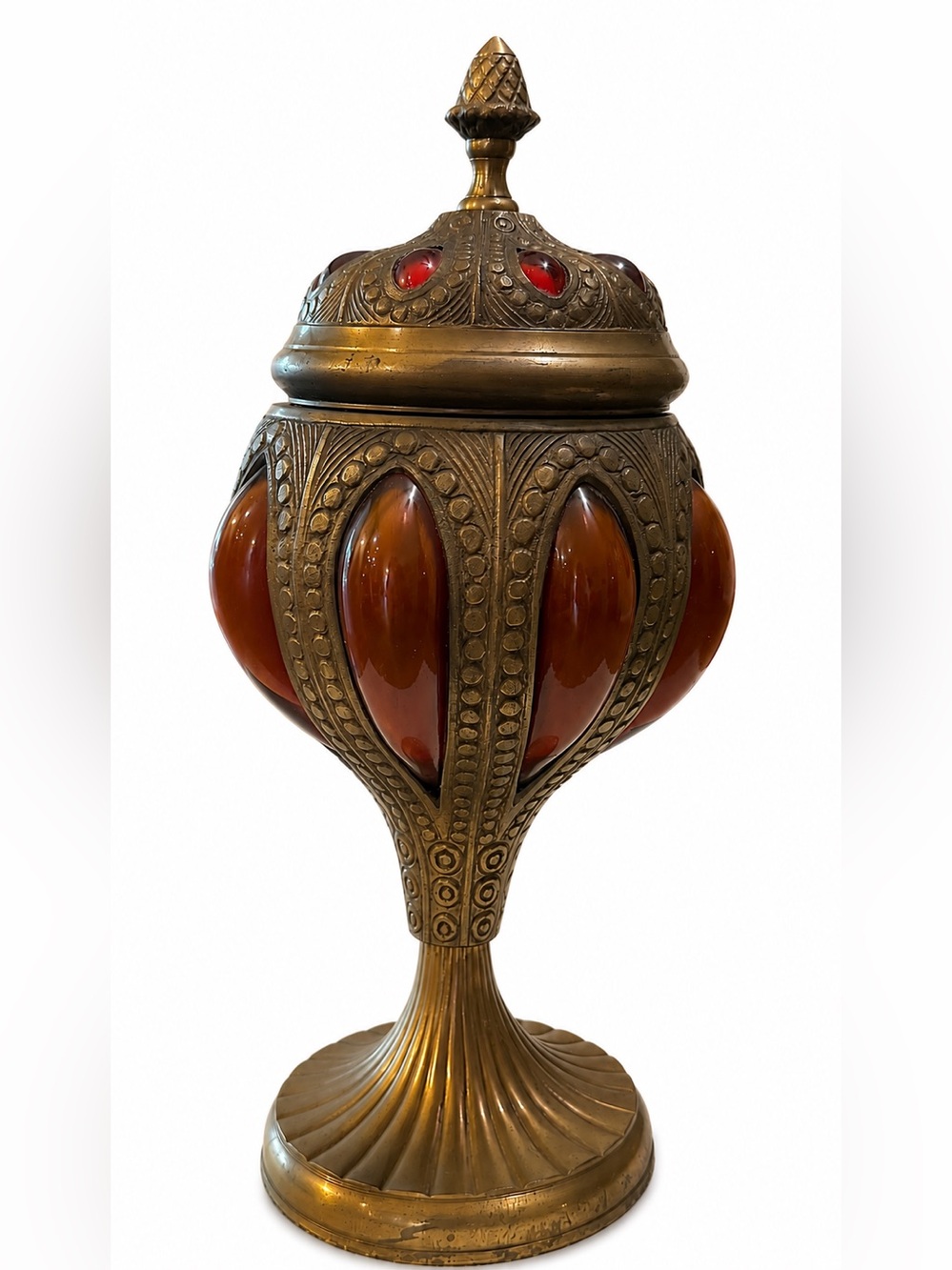 Vintage 13” Heavy Brass Lidded Decorative Jar Amber Red Glass Panels Made-India